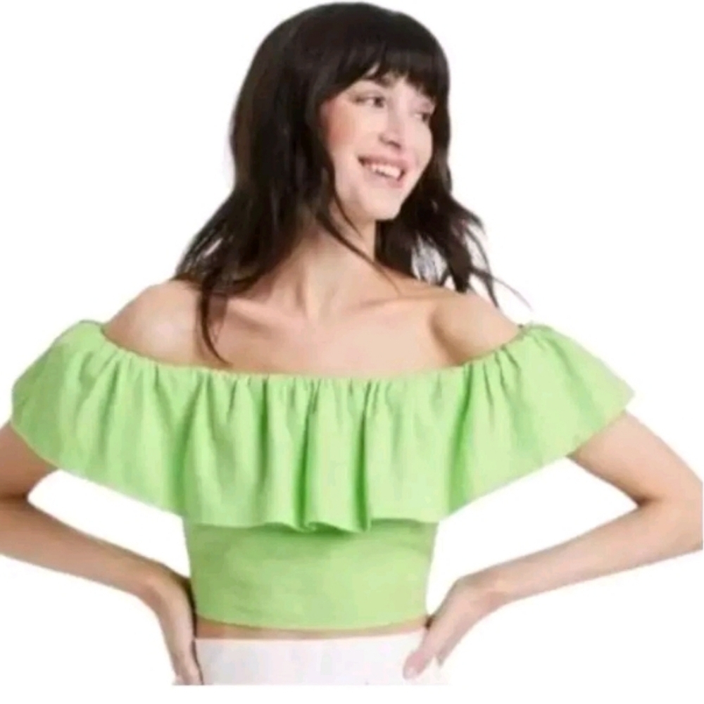 Women's Slim Fit Ruffle Sleeve Off The Shoulder Crop Top - A New Day  - XS
